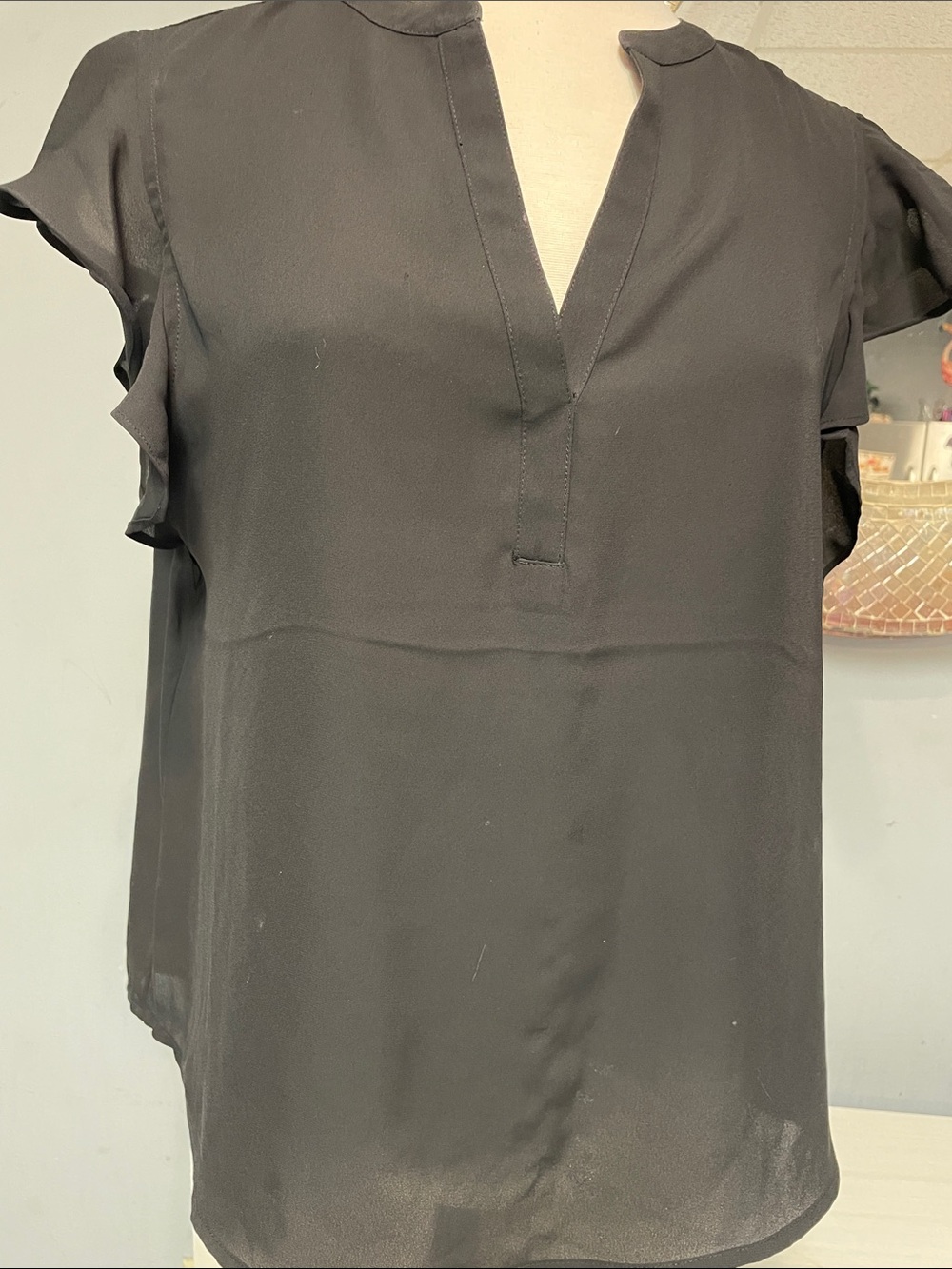 Calvin Klein Black V-Neck Flutter Sleeve Blouse